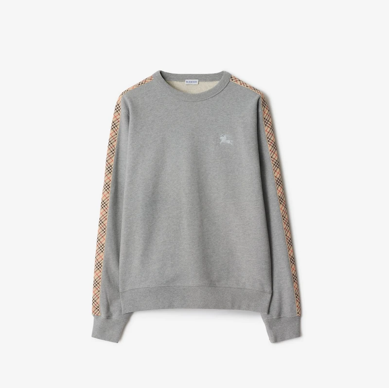Check Trim Cotton Sweatshirt in Pale grey melange - Men | Burberry® Official