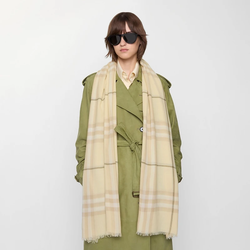Wide Check Wool Scarf in Buff | Burberry® Official