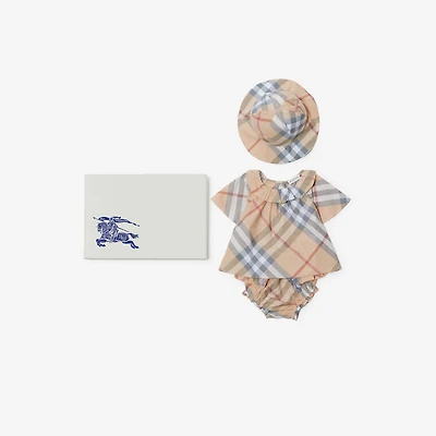 Check Cotton Three-piece Baby Gift Set in Pale stone - Children | Burberry® Official