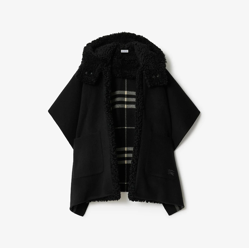 Reversible Shearling Trim Check Cashmere Cape in Black/calico beige | Burberry® Official
