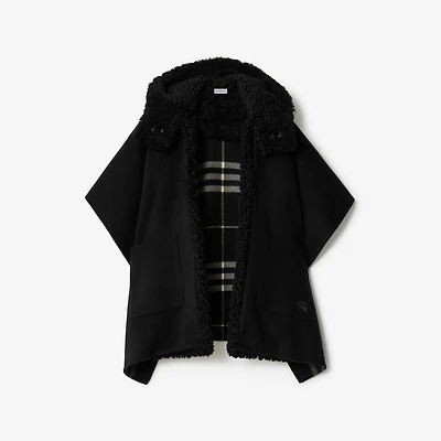 Reversible Shearling Trim Check Cashmere Cape in Black/calico beige | Burberry® Official