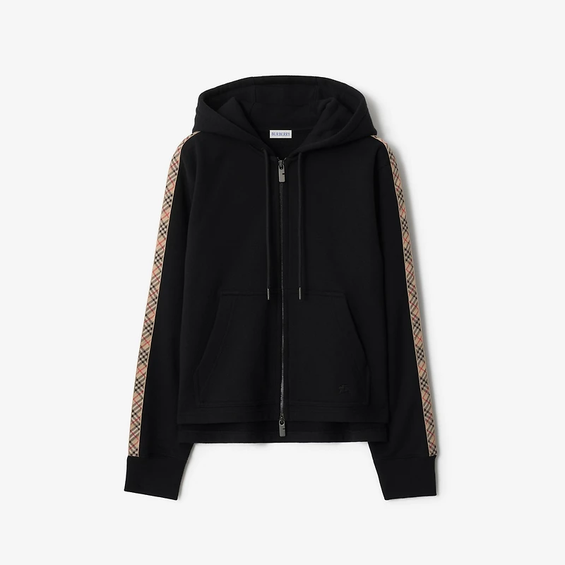 Check Trim Cotton Zip Hoodie in Black - Women | Burberry® Official