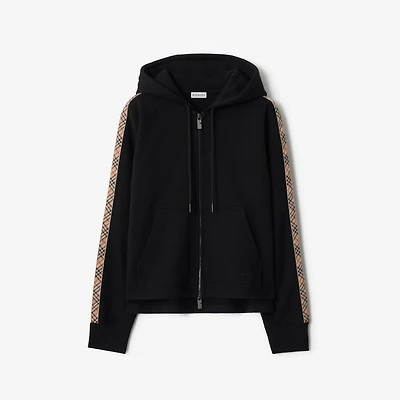 Check Trim Cotton Zip Hoodie in Black - Women | Burberry® Official