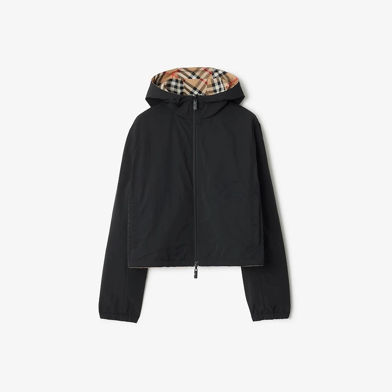 Cropped Reversible Check Hooded Jacket in Sand beige - Women, Nylon | Burberry® Official