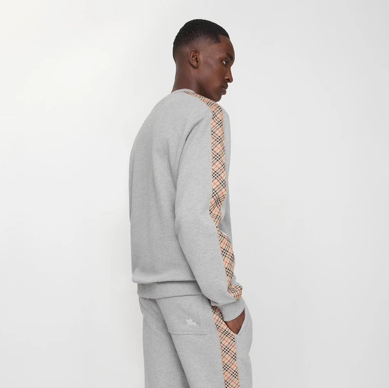 Check Trim Cotton Sweatshirt in Pale grey melange - Men | Burberry® Official