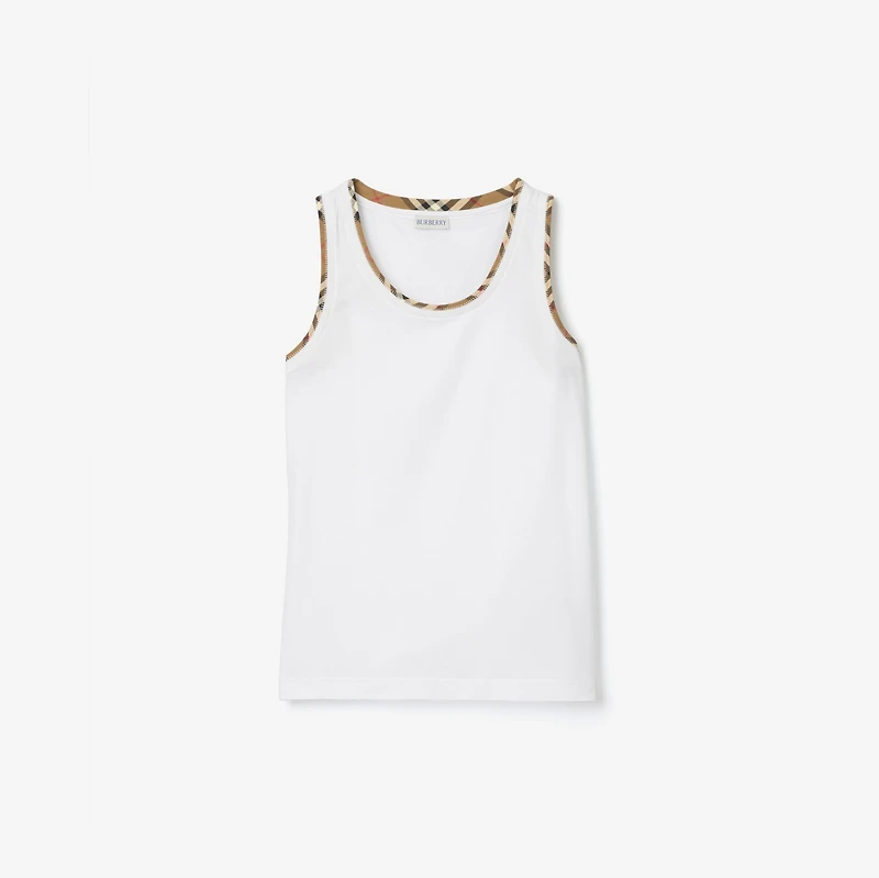 Check Trim Cotton Blend Tank Top in White - Women | Burberry® Official