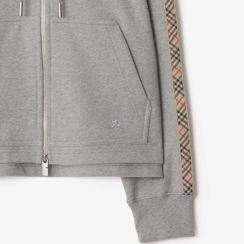 Check Trim Cotton Zip Hoodie in Pale grey melange - Women | Burberry® Official
