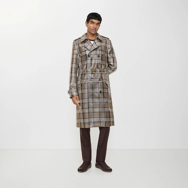 Long Check Coated Raffia-effect Foxfield Trench Coat in Chalk white/truffle brown - Men | Burberry® Official