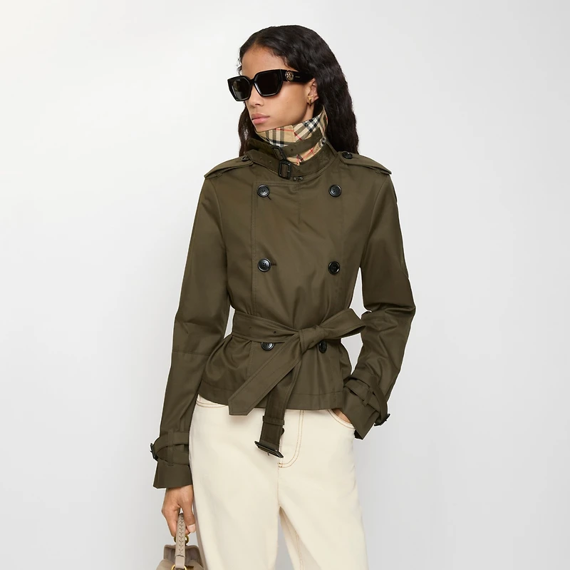 Cropped Tropical Gabardine Trench Jacket in Juniper green - Women, Cotton | Burberry® Official