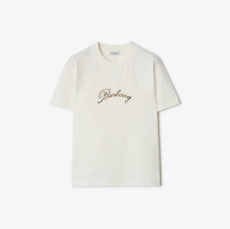 Check Cursive Logo Cotton T-shirt in Chalk white - Women | Burberry® Official