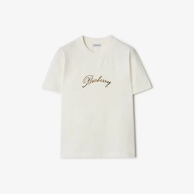 Check Cursive Logo Cotton T-shirt in Chalk white - Women | Burberry® Official