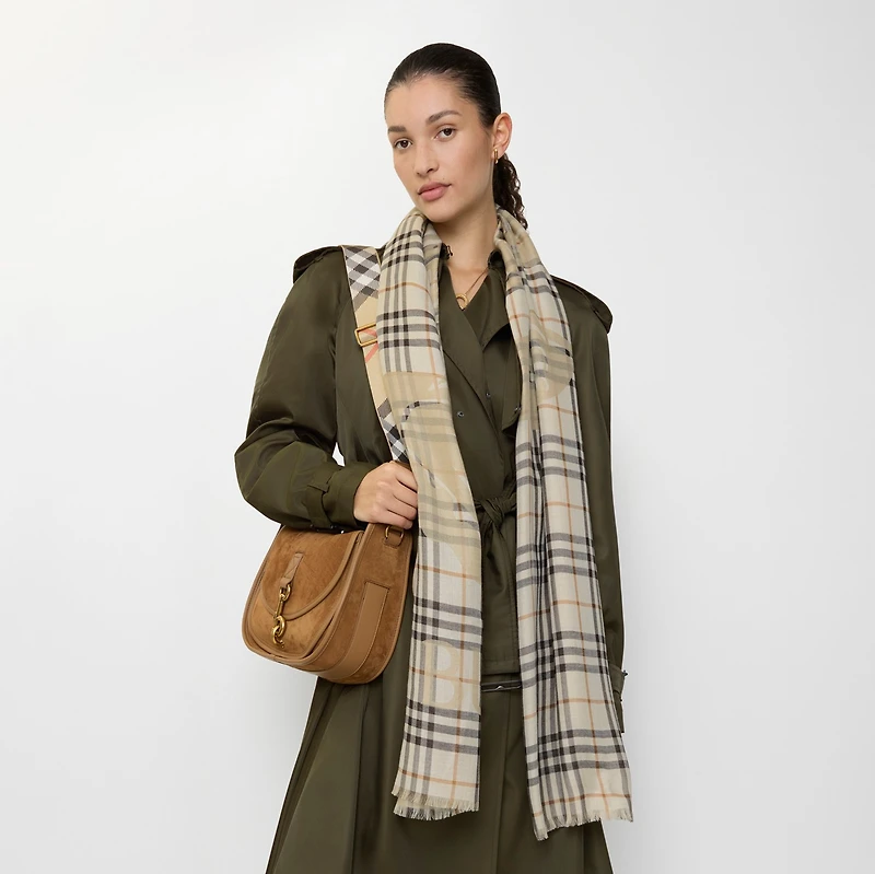 Wide EKD Check Wool Silk Scarf in Pebble white | Burberry® Official