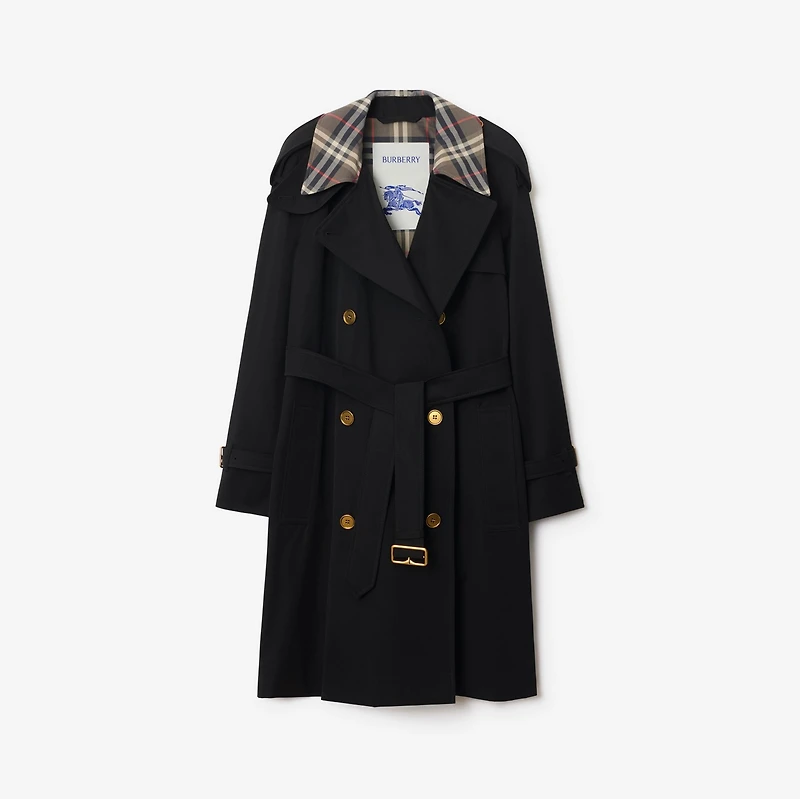 Mid-length Check Collar Castleford Trench Coat in Black - Women, Cotton | Burberry® Official