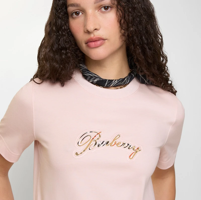 Check Cursive Logo Cotton T-shirt in Bouquet pink - Women | Burberry® Official