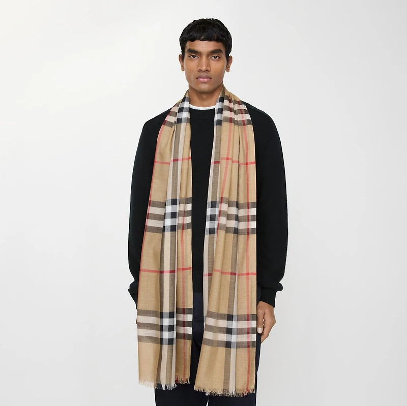 Wide Check Wool Silk Scarf in Archive beige | Burberry® Official