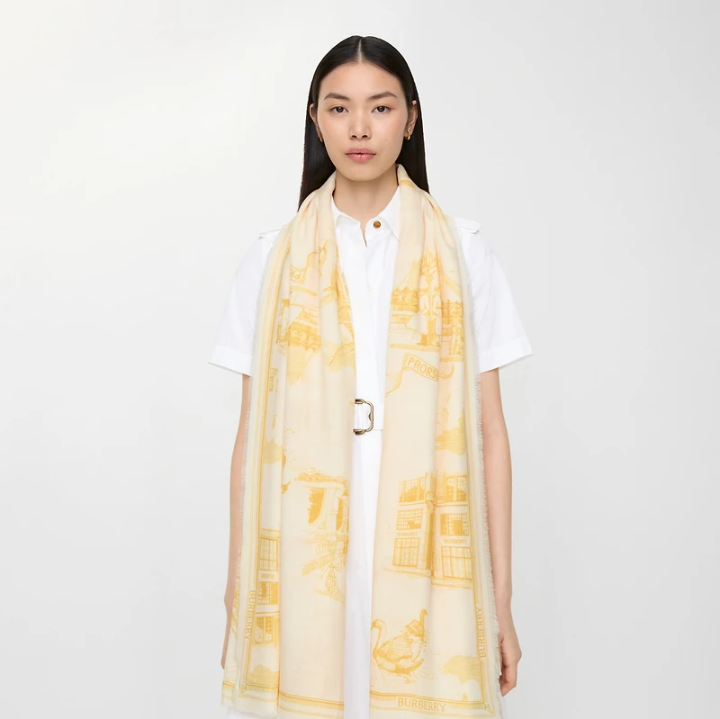 London Landmarks Wool Silk Scarf in Custard beige | Burberry® Official