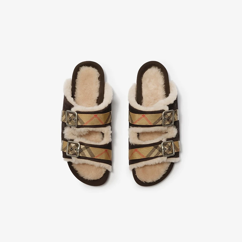 Check Shearling Urchin Sandals in Moorhen brown - Men | Burberry® Official