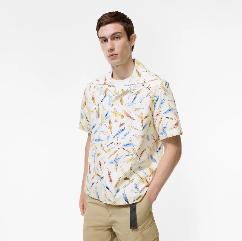 Relaxed Fit Feather Print Cotton Shirt in Ink blue - Men | Burberry® Official