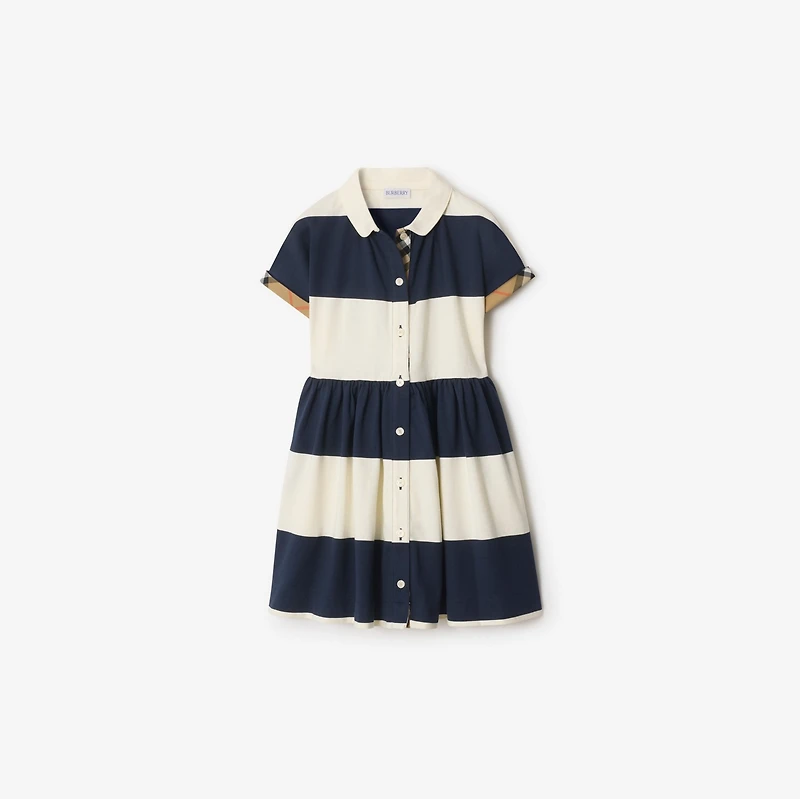 Check Trim Striped Cotton Shirt Dress in Navy/optic white | Burberry® Official