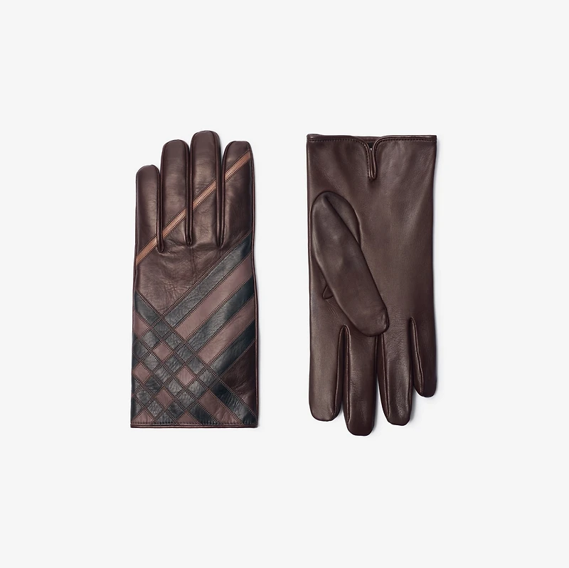 Check Intarsia Leather Gloves in Truffle brown - Men | Burberry® Official
