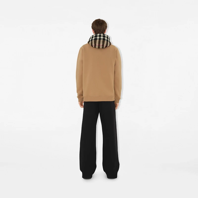 Check Trim Cotton Blend Hoodie in Camel - Men | Burberry® Official