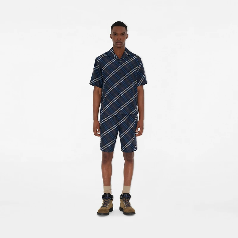 Relaxed Fit Check Silk Poplin Shirt in Ink blue - Men | Burberry® Official