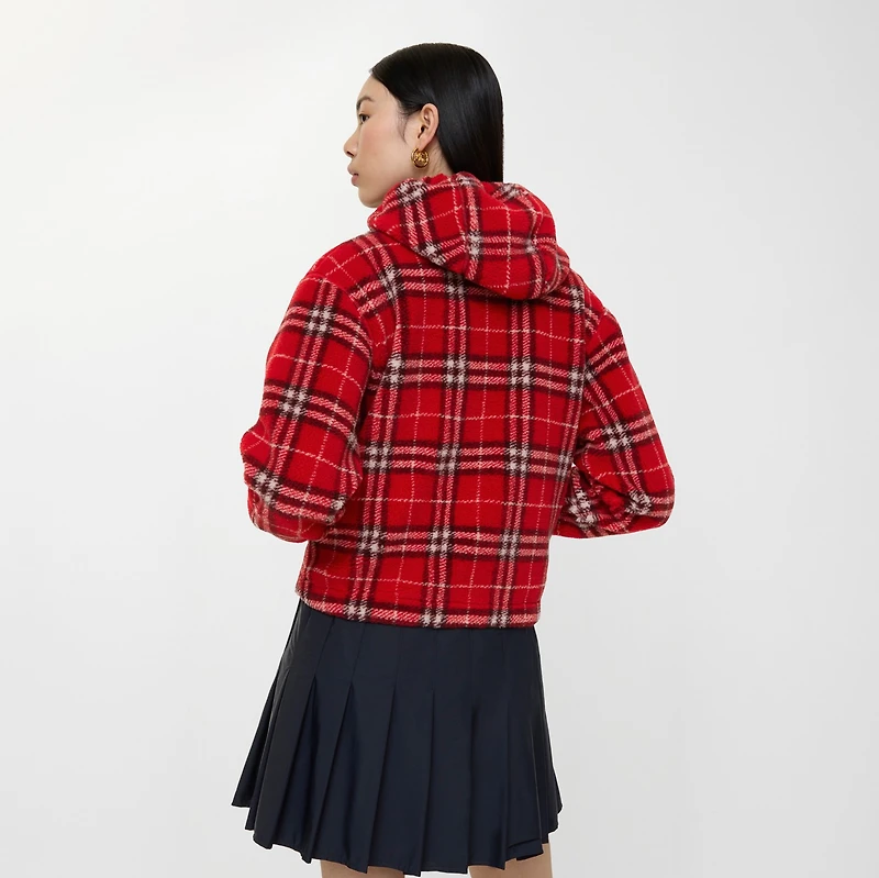 Cropped Check Fleece Hooded Jacket in Crayon red - Women | Burberry® Official