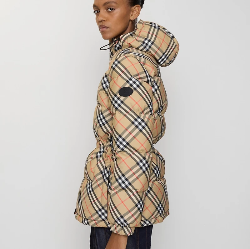 Check Nylon Hooded Puffer Jacket in Sand - Women | Burberry® Official