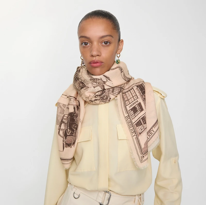 London Landmarks Wool Silk Scarf in Sepia | Burberry® Official