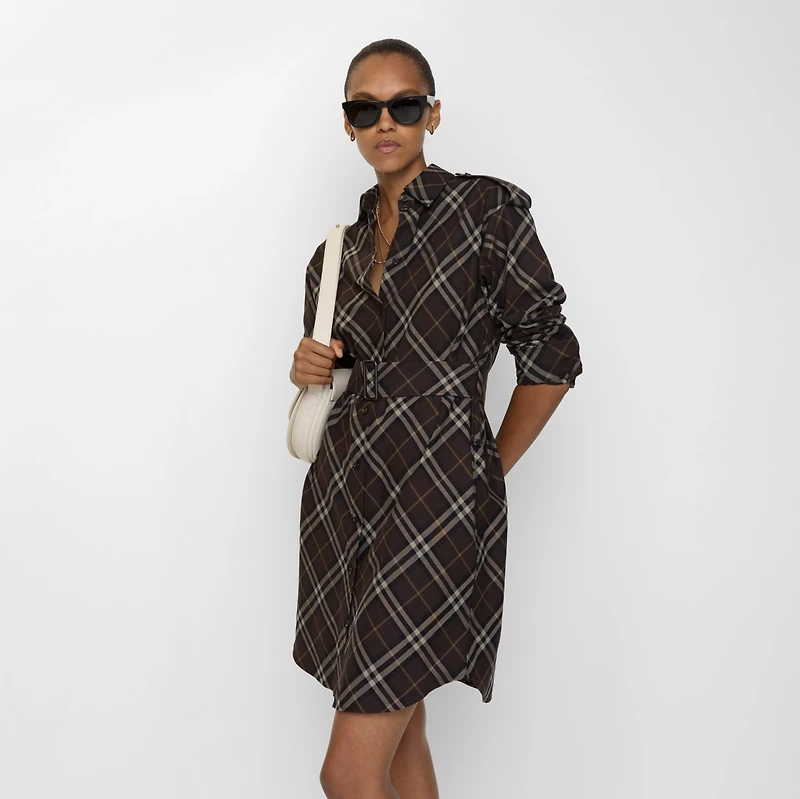 Check Cotton Flannel Shirt Dress in Truffle brown - Women | Burberry® Official