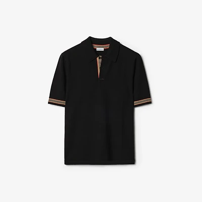 Icon Stripe Trim Wool Polo Shirt in Black - Men | Burberry® Official