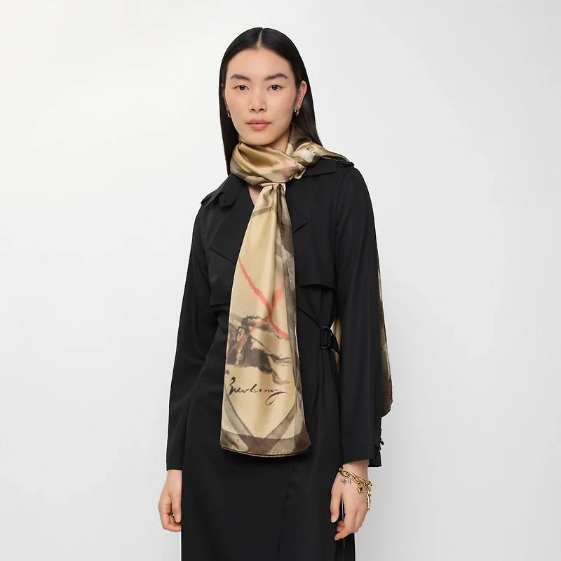 Wide Watercolour Check Silk Scarf in Sand beige | Burberry® Official