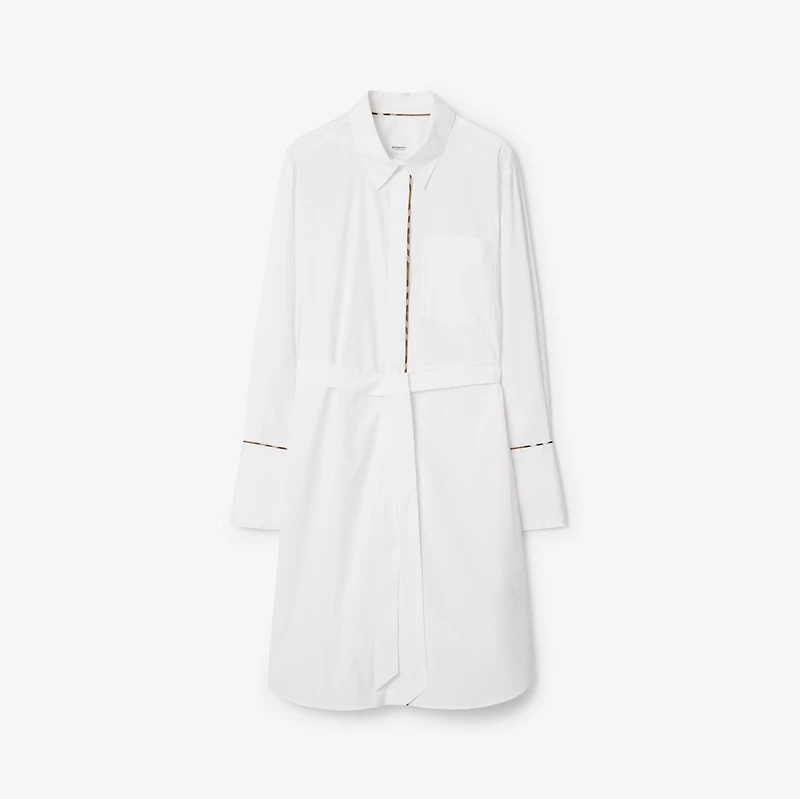 Check Trim Stretch Cotton Shirt Dress in Optic white - Women | Burberry® Official