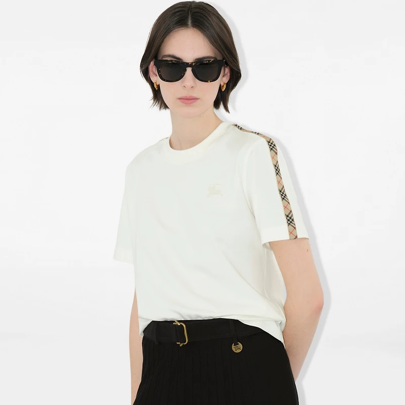 Check Trim Cotton T-shirt in Chalk - Women | Burberry® Official