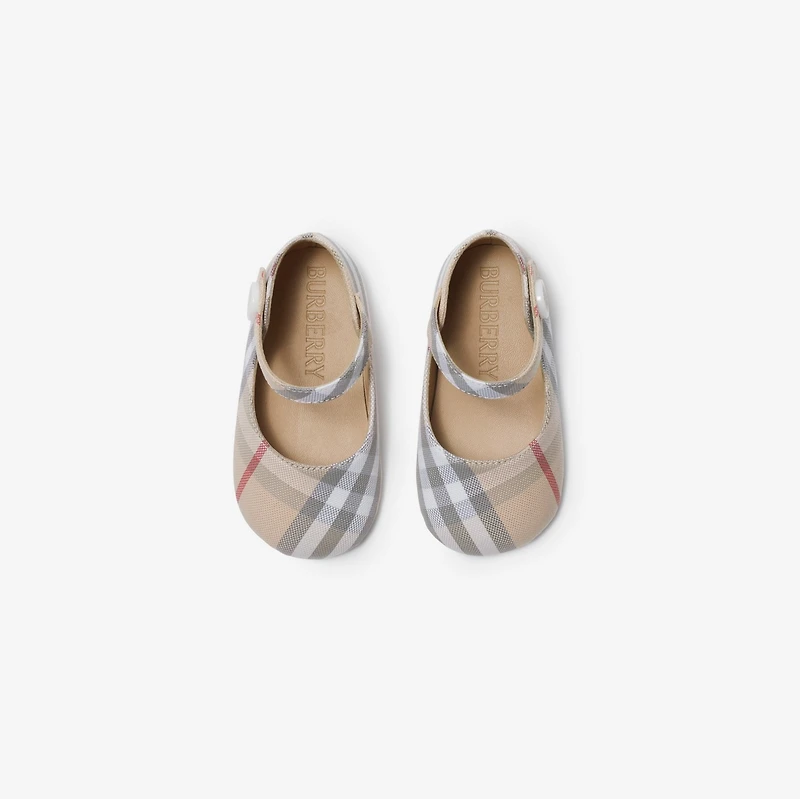 Check Cotton Mary Jane Flats in Pale stone - Children | Burberry® Official