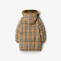 Faux Fur Trim Check Nylon Puffer Coat in Sand beige | Burberry® Official