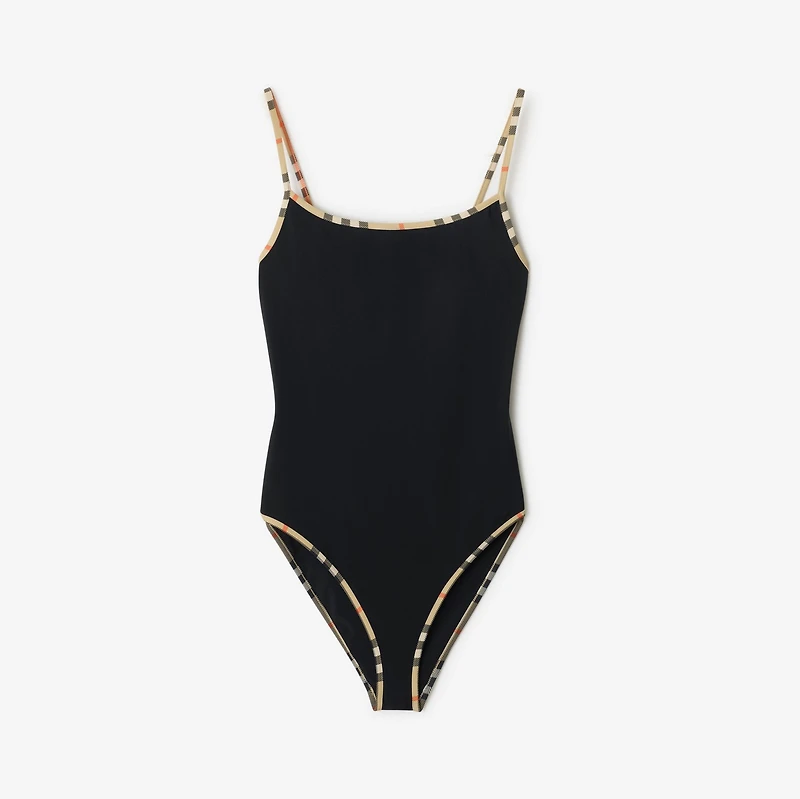 Check Trim Swimsuit in Black - Women, Wool | Burberry® Official