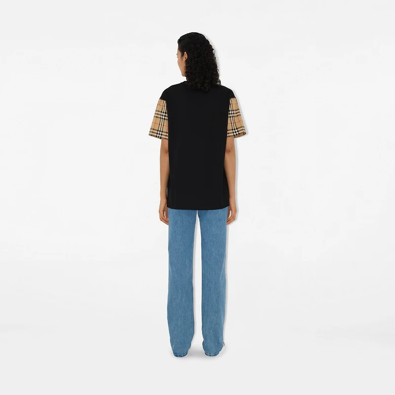 Check Sleeve Cotton T-shirt in Black - Women | Burberry® Official
