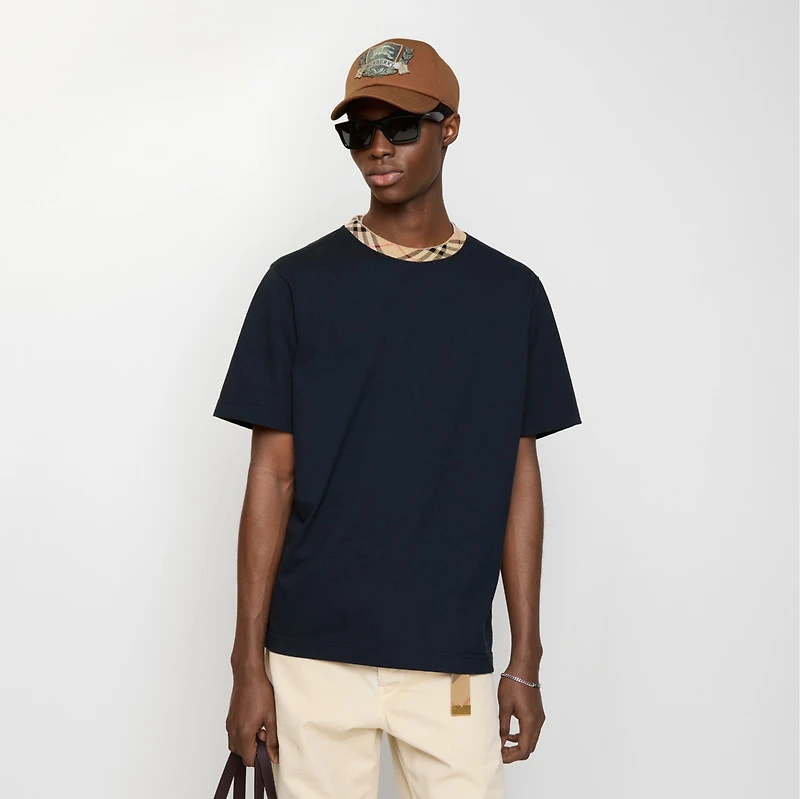 Check Trim Cotton T-shirt in Navy - Men | Burberry® Official