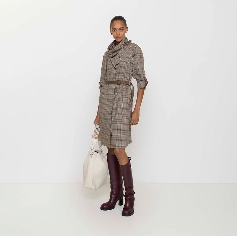 Scarf Collar Check Wool Dress in Linen beige/mole grey - Women | Burberry® Official