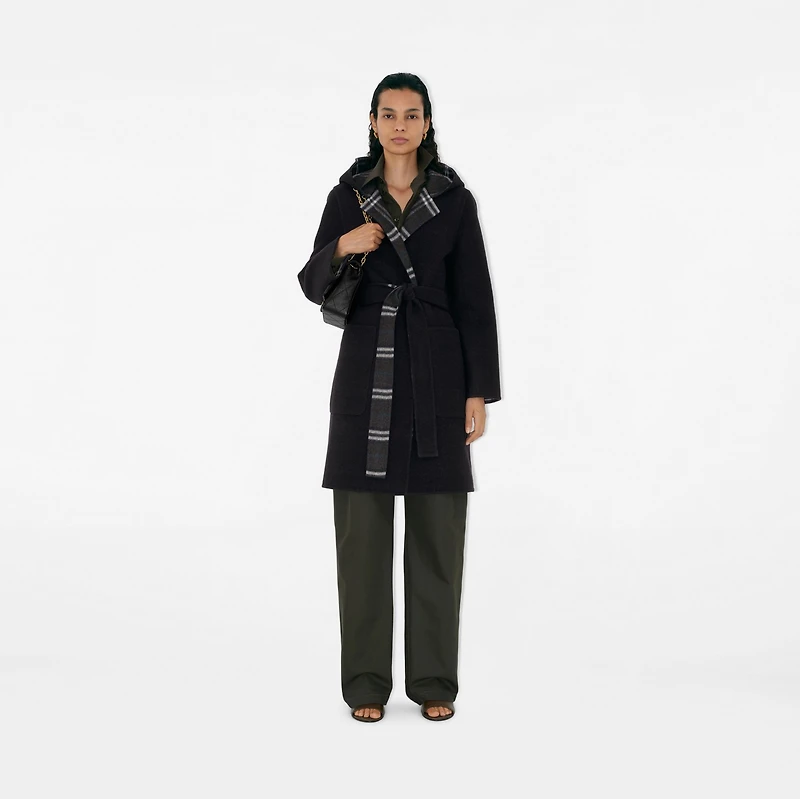 Reversible Wool Hooded Wrap Coat in Black/snug - Women | Burberry® Official