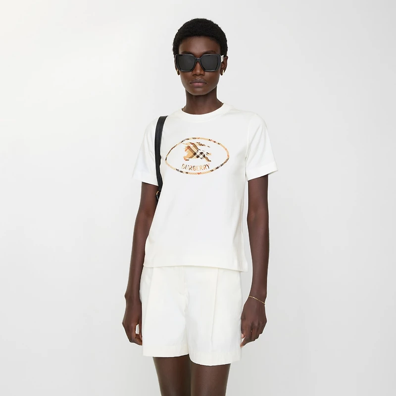Check Knight Stamp Cotton T-shirt in Chalk white/sand beige - Women | Burberry® Official