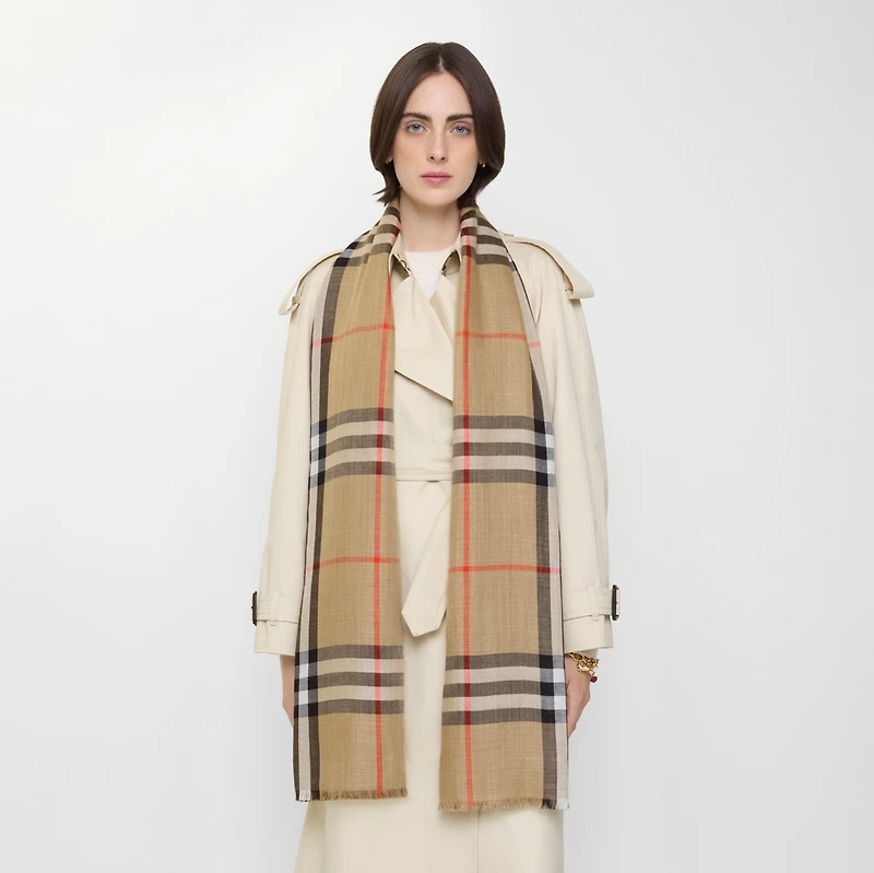 Reversible Check Wool Silk Scarf in Sand beige/vole brown | Burberry® Official