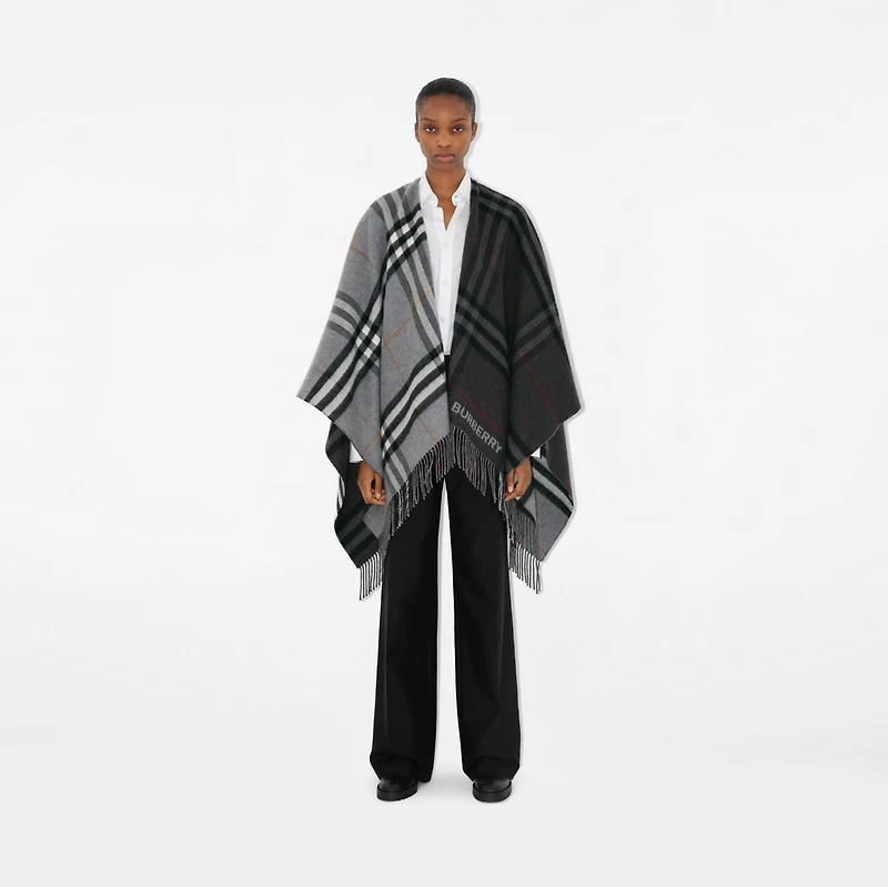 Contrast Check Wool Cashmere Jacquard Cape in Grey/charcoal | Burberry® Official