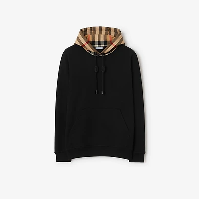 Check Hood Cotton Hoodie in Black - Men | Burberry® Official