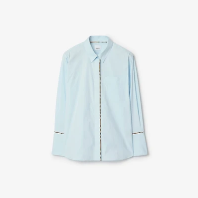Check Trim Stretch Cotton Shirt in Light blue - Women | Burberry® Official