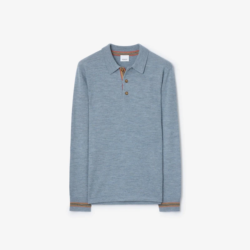 Long-sleeve Wool Polo Shirt in Mid blue melange - Men | Burberry® Official