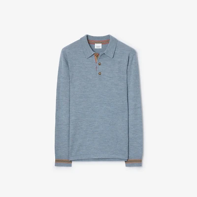 Long-sleeve Wool Polo Shirt in Mid blue melange - Men | Burberry® Official