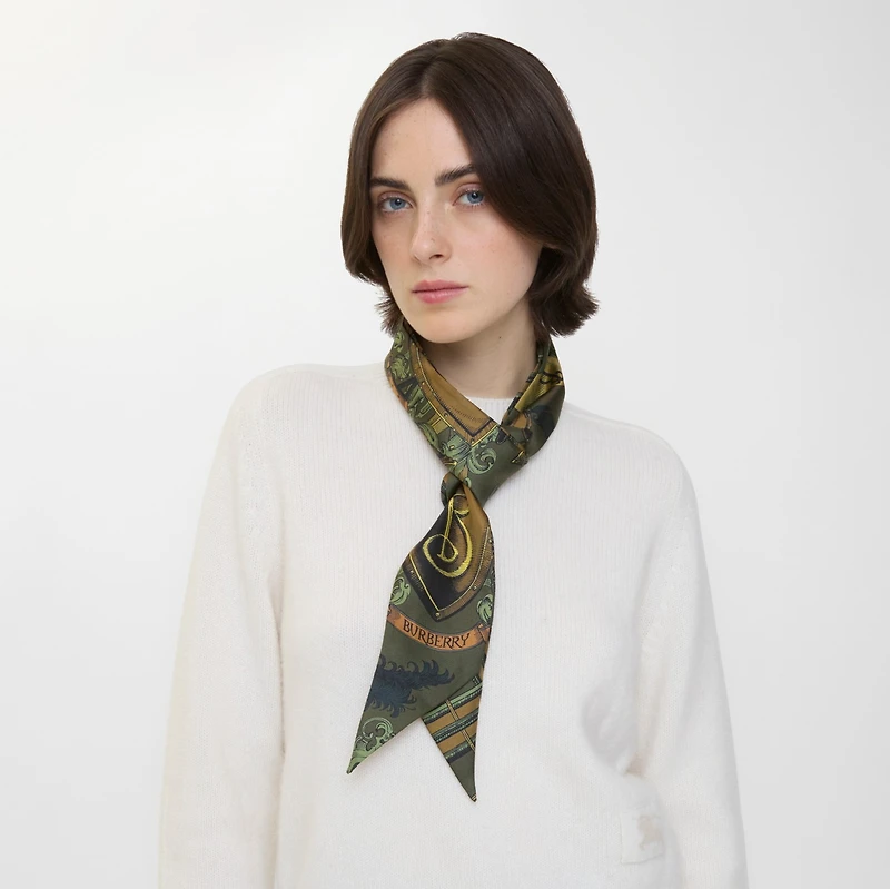 Skinny Reversible Etched Knight Silk Scarf in Moat green | Burberry® Official