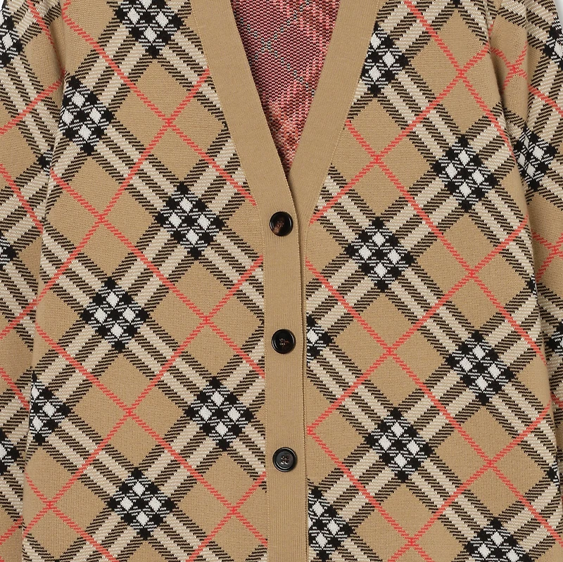 Check Cotton Wool Cardigan in Sand beige